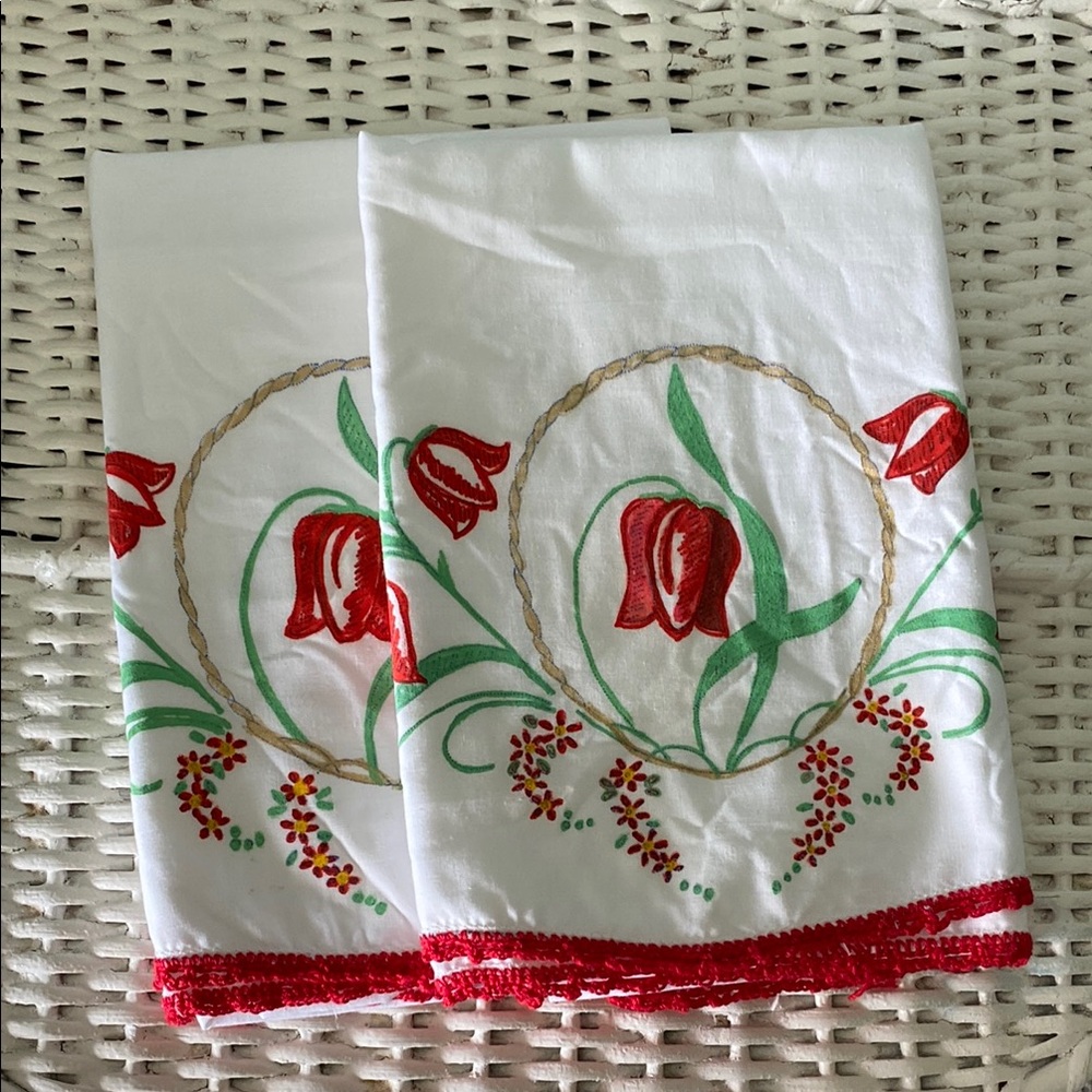 Vintage Pair Of Red Tulips Painted Pillowcases!